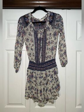 LoveShackFancy Silk Popover Dress in Cream and Blue
